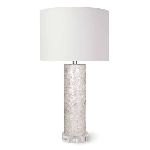 White scalloped capiz lamp with crystal base